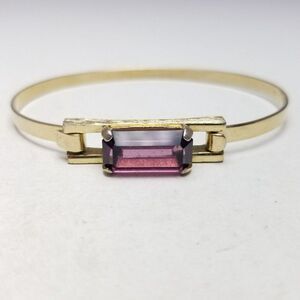 Vintage Avon Purple Rectangle Rhinestone Bangle Bracelet, Gold Tone Setting